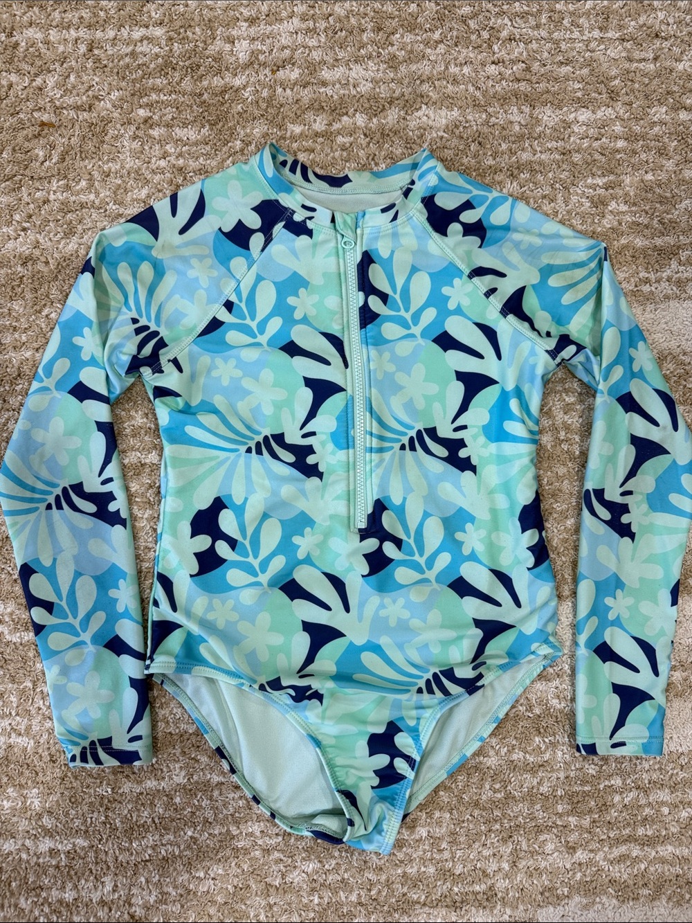 Wonder Nation Long-Sleeve Girls' Floral Rash Guard Swimsuit - Aqua Blue